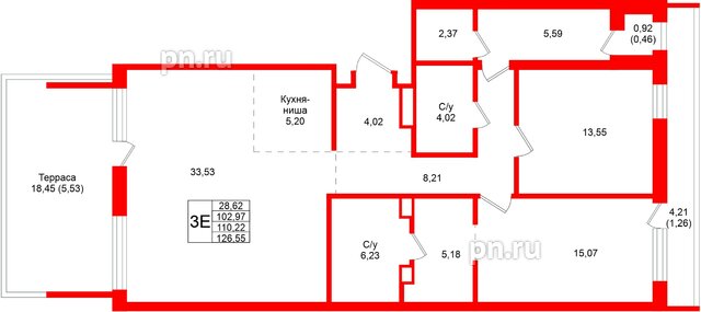 Квартира в ЖК «Северный ветер», 2 комнатная, 126.55 м², 2 этаж