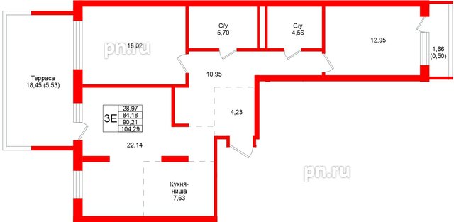 Квартира в ЖК «Северный ветер», 2 комнатная, 104.29 м², 2 этаж