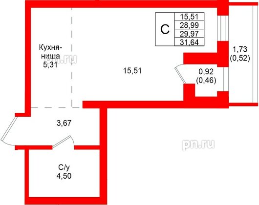 Квартира в ЖК «Северный ветер», студия, 31.64 м², 2 этаж