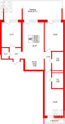 Квартира в ЖК «Северный ветер», 3 комнатная, 119.09 м², 2 этаж