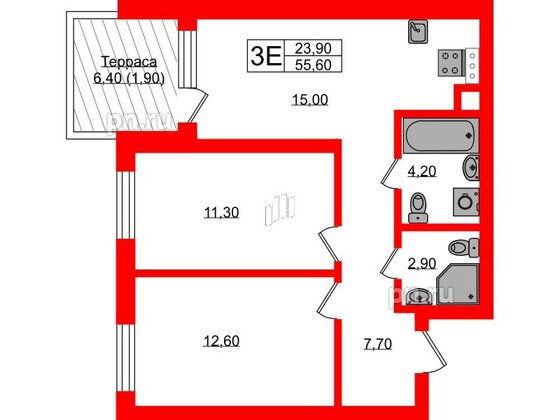 Квартира в ЖК «River Park», 2 комнатная, 55.6 м², 1 этаж