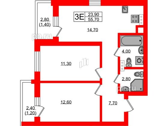 Квартира в ЖК «River Park», 2 комнатная, 55.7 м², 2 этаж