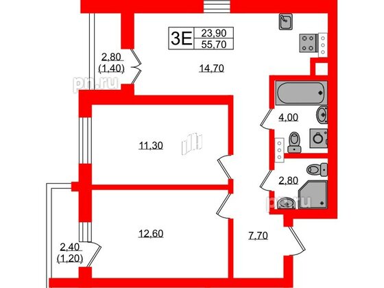 Квартира в ЖК «River Park», 2 комнатная, 55.7 м², 6 этаж