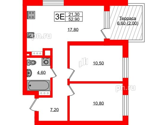 Квартира в ЖК «River Park», 2 комнатная, 52.9 м², 1 этаж