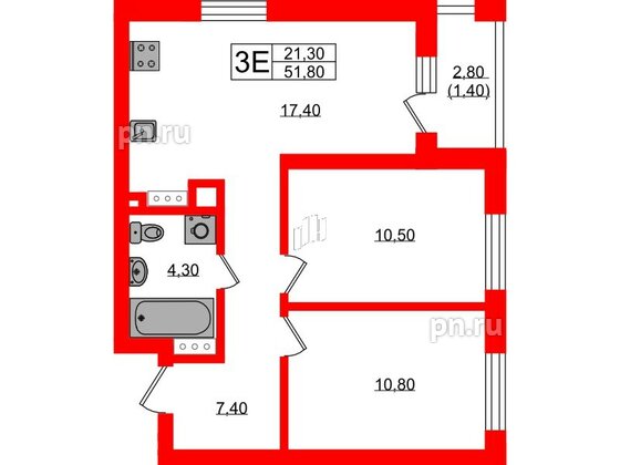 Квартира в ЖК «River Park», 2 комнатная, 51.8 м², 2 этаж