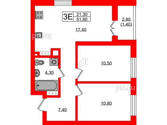 Квартира в ЖК «River Park», 2 комнатная, 51.8 м², 6 этаж