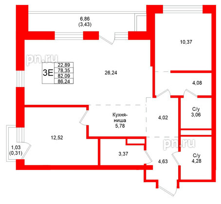 Квартира в ЖК Северный ветер, 2 комнатная, 86.24 м², 3 этаж