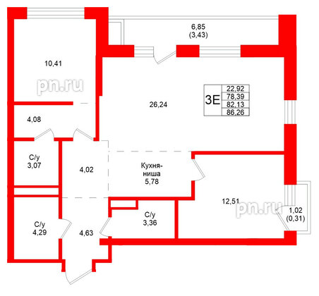 Квартира в ЖК Северный ветер, 2 комнатная, 86.26 м², 6 этаж