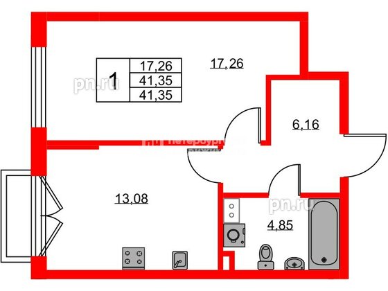 Квартира в ЖК «Охтинские высоты», 1 комнатная, 41.35 м², 3 этаж