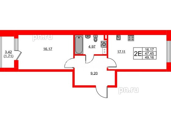 Квартира в ЖК «Охтинские высоты», 1 комнатная, 49.16 м², 2 этаж
