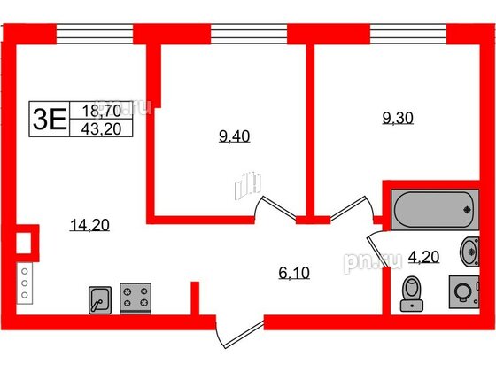 Квартира в ЖК «River Park», 2 комнатная, 43.2 м², 1 этаж