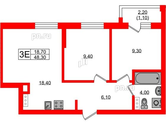 Квартира в ЖК «River Park», 2 комнатная, 48.3 м², 2 этаж