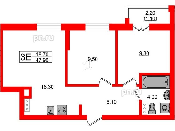 Квартира в ЖК «River Park», 2 комнатная, 47.9 м², 6 этаж