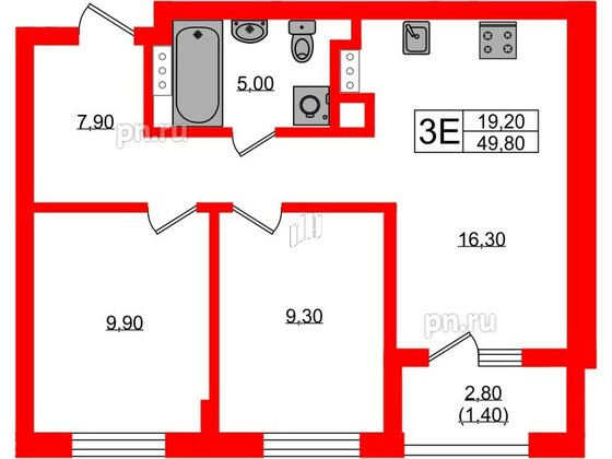 Квартира в ЖК «River Park», 2 комнатная, 49.8 м², 1 этаж