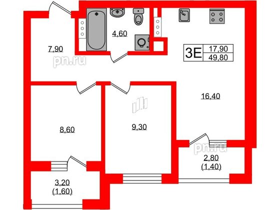 Квартира в ЖК «River Park», 2 комнатная, 49.8 м², 2 этаж