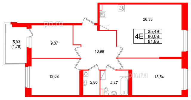 Квартира в ЖК «Аквилон RekaPark», 3 комнатная, 81.86 м², 8 этаж