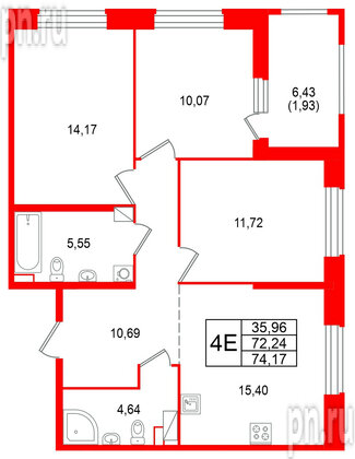 Квартира в ЖК «Аквилон RekaPark», 3 комнатная, 74.17 м², 4 этаж