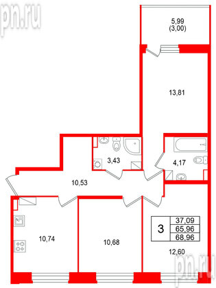 Квартира в ЖК «Аквилон RekaPark», 3 комнатная, 68.96 м², 4 этаж
