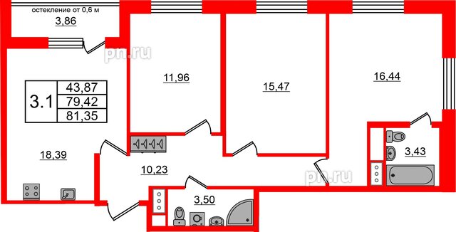 Квартира в ЖК «Город звёзд», 3 комнатная, 79.42 м², 23 этаж