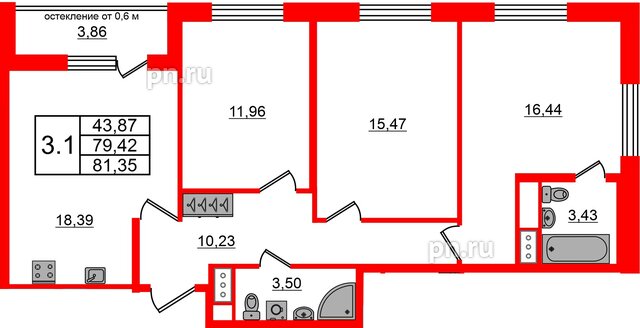 Квартира в ЖК «Город звёзд», 3 комнатная, 79.42 м², 18 этаж