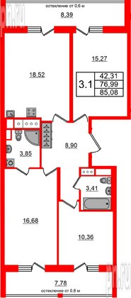 Квартира в ЖК «Город звёзд», 3 комнатная, 76.99 м², 6 этаж