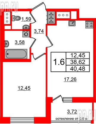 Квартира в ЖК «Город звёзд», 1 комнатная, 38.62 м², 11 этаж