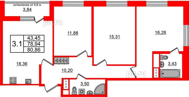 Квартира в ЖК «Город звёзд», 3 комнатная, 78.94 м², 5 этаж