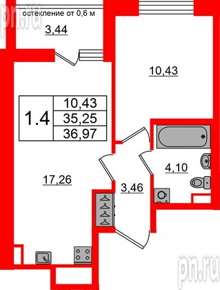 Квартира в ЖК «Город звёзд», 1 комнатная, 35.25 м², 2 этаж