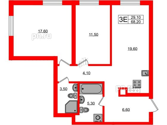 Квартира в ЖК «River Park», 2 комнатная, 68.2 м², 1 этаж