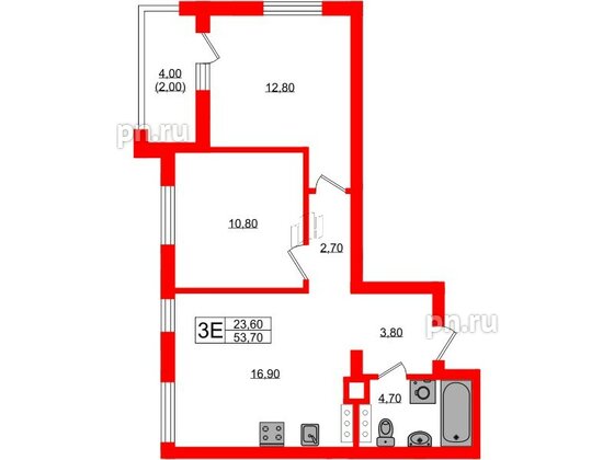 Квартира в ЖК «River Park», 2 комнатная, 53.7 м², 2 этаж