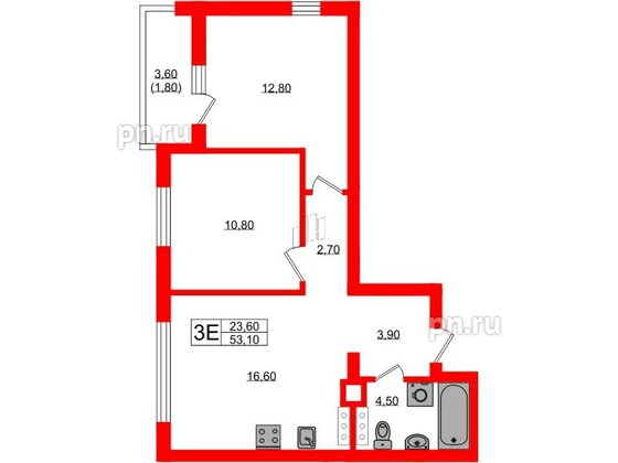 Квартира в ЖК «River Park», 2 комнатная, 53.1 м², 6 этаж