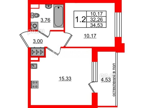 Квартира в ЖК Univer City, 1 комнатная, 32.26 м², 1 этаж