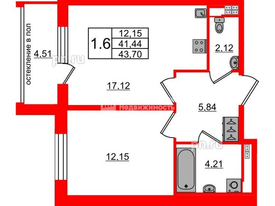 Квартира в ЖК Универ Сити, 1 комнатная, 41.44 м², 3 этаж