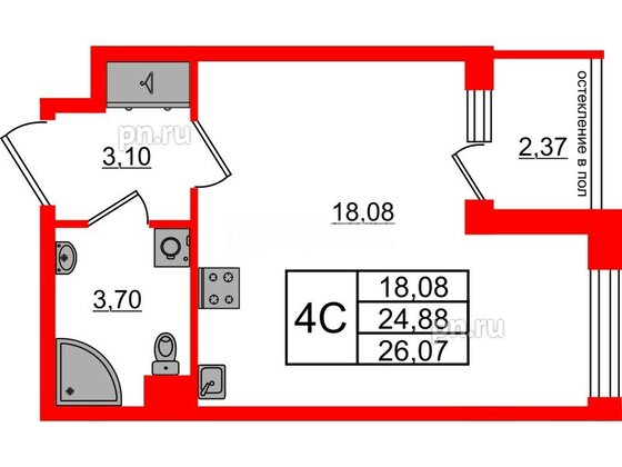 Квартира в ЖК Univer City, студия, 24.88 м², 1 этаж