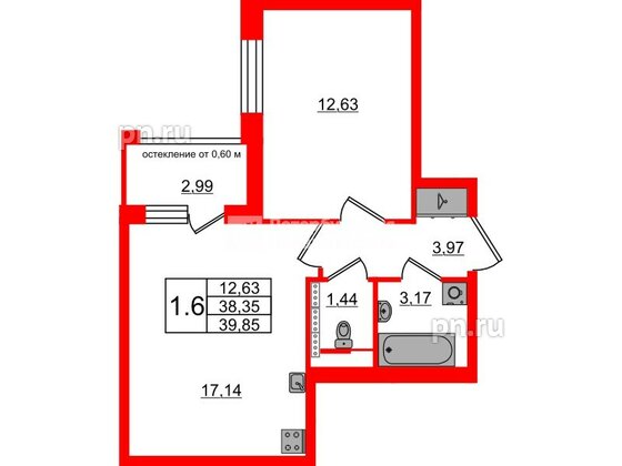 Квартира в ЖК Univer City, 1 комнатная, 38.35 м², 4 этаж