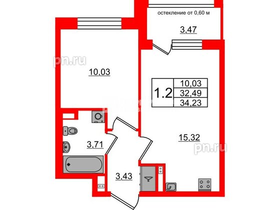 Квартира в ЖК Univer City, 1 комнатная, 32.49 м², 2 этаж