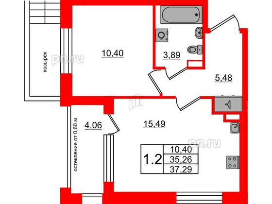 Квартира в ЖК Univer City, 1 комнатная, 35.26 м², 1 этаж