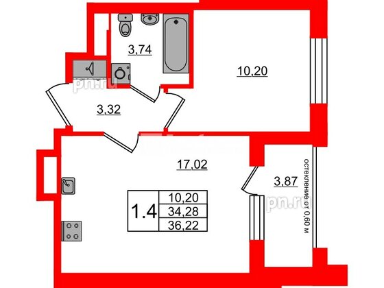 Квартира в ЖК Univer City, 1 комнатная, 34.28 м², 1 этаж