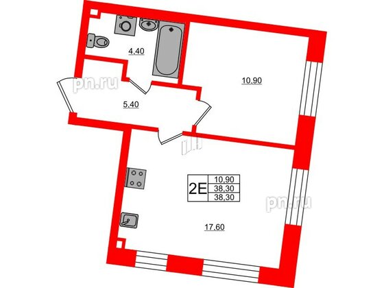 Квартира в ЖК Большая Охта, 1 комнатная, 38.3 м², 2 этаж
