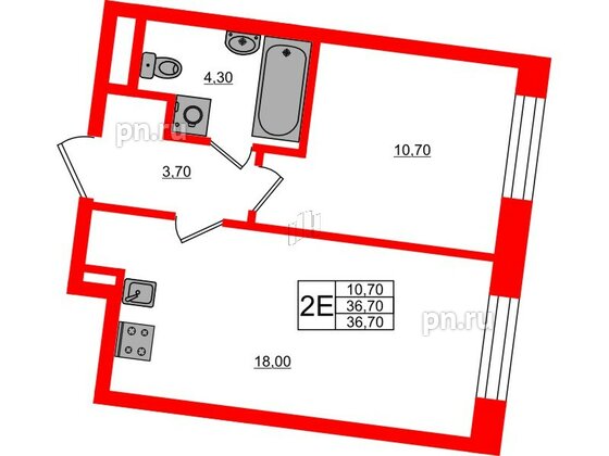 Квартира в ЖК Большая Охта, 1 комнатная, 36.7 м², 2 этаж