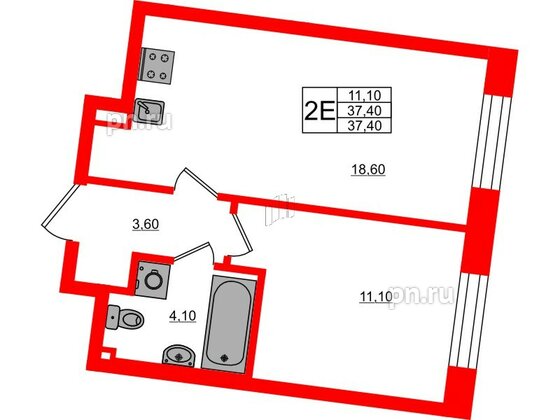 Квартира в ЖК Большая Охта, 1 комнатная, 37.4 м², 2 этаж