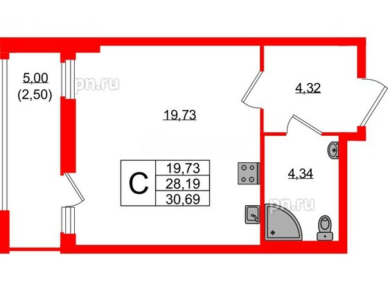 Квартира в ЖК Южная Нева, студия, 30.69 м², 3 этаж