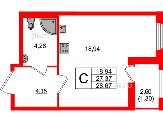 Квартира в ЖК Южная Нева, студия, 28.67 м², 18 этаж