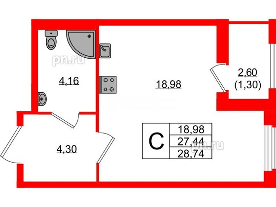 Квартира в ЖК Южная Нева, студия, 28.74 м², 18 этаж