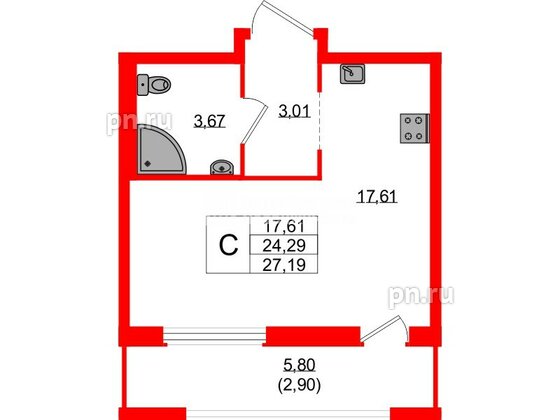 Квартира в ЖК Южная Нева, студия, 27.19 м², 11 этаж