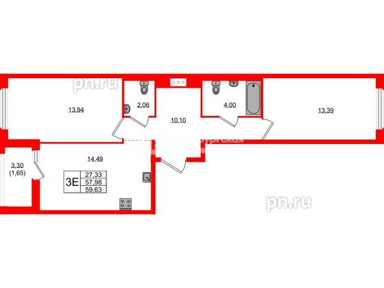 Квартира в ЖК Южная Нева, 2 комнатная, 59.63 м², 2 этаж
