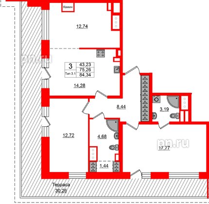Квартира в ЖК «Сэтл Ривьера», 3 комнатная, 75.26 м², 12 этаж