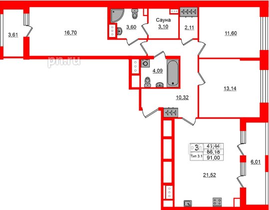 Квартира в ЖК «Сэтл Ривьера», 3 комнатная, 86.18 м², 4 этаж