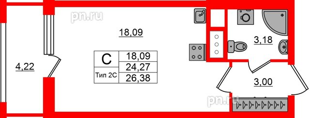 Квартира в ЖК «Сэтл Ривьера», студия, 24.27 м², 3 этаж