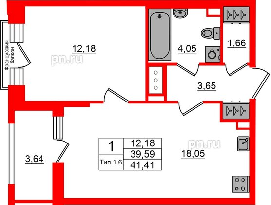 Квартира в ЖК «Сэтл Ривьера», 1 комнатная, 39.59 м², 5 этаж